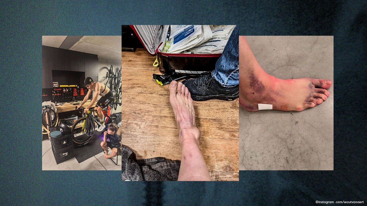 Wout van Aert deelt voor het eerst beelden van zwaar gehavende enkel, maar zit ondertussen alweer op fiets