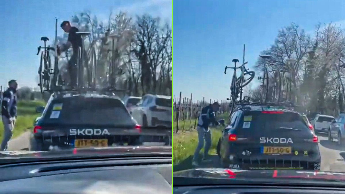 Waanzinnige beelden: dronken toeschouwer klimt op volgwagen Visma-Lease a Bike om "fiets te stelen"