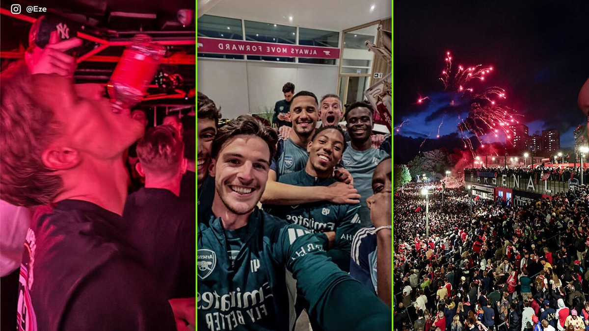 Ook hét flesje mocht niet ontbreken: spelers en fans van Arsenal (zoals Remco Evenepoel) vieren eerste titel in 22 jaar