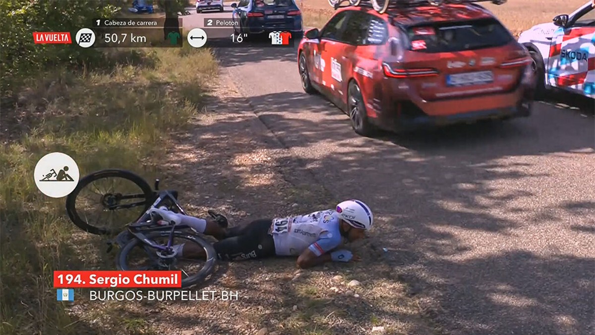Opgaves in de Vuelta: Guatemalteek Sergio Chumil is de eerste uitvaller na pijnlijke smak op de buik