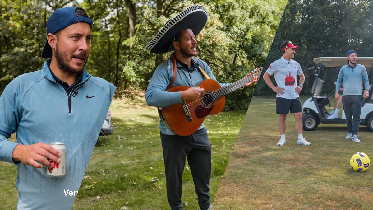 Met een biertje in de hand én een sombrero: Eden Hazard schittert in spelletje footgolf met Average Rob
