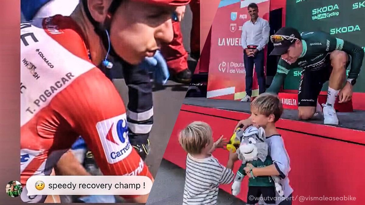 "Spoedig herstel, kampioen": Wout van Aert wenst Tadej Pogacar beterschap toe en pleziert zijn zoontjes met podiumcadeaus