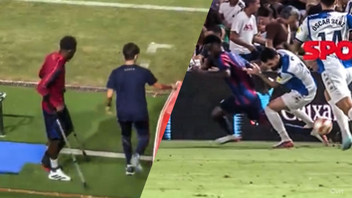 Zijn blik en krukken zijn weinig geruststellend: Barça-Belg Jesse Bisiwu wordt van het veld gedragen na tackle