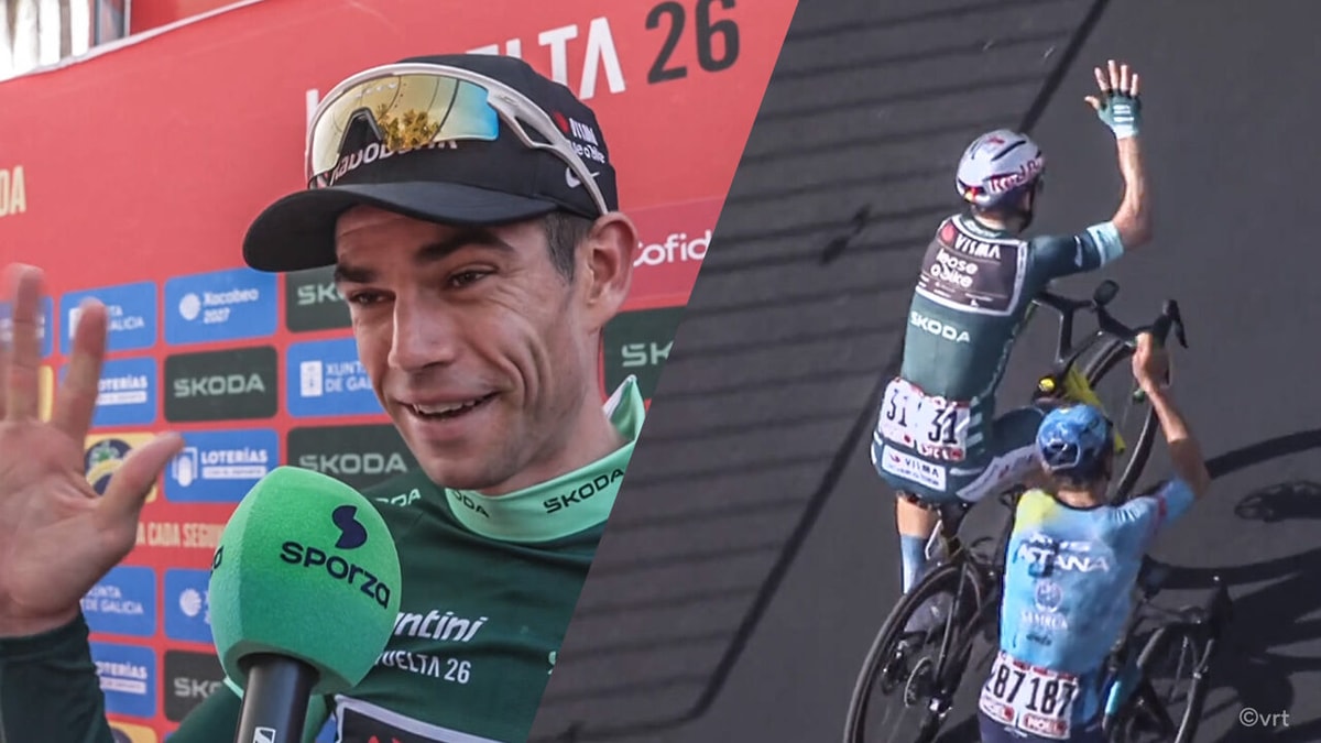 "Hoop dat het niet té nadrukkelijk in beeld was": Wout van Aert lacht om 'pauselijke' viering die er niet helemaal uitkwam