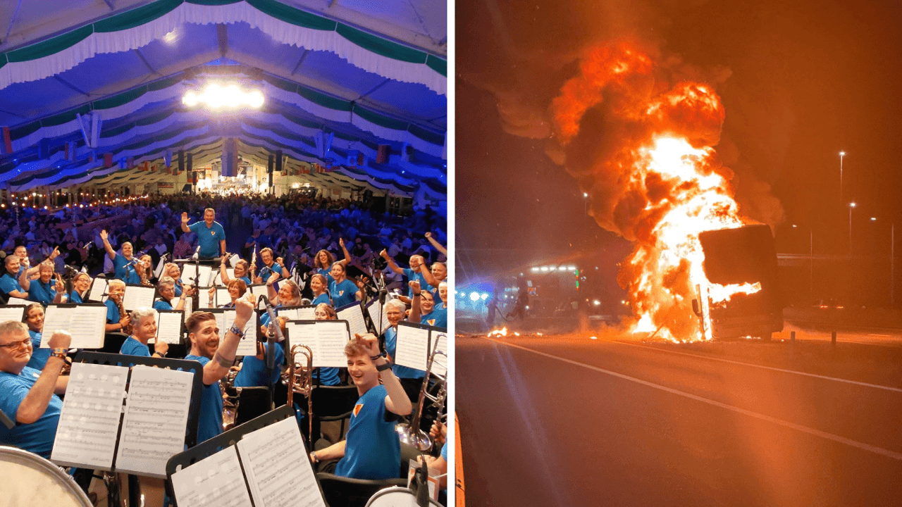 60 muzikanten ontkomen aan busbrand op snelweg, fanfare is wel instrumenten kwijt