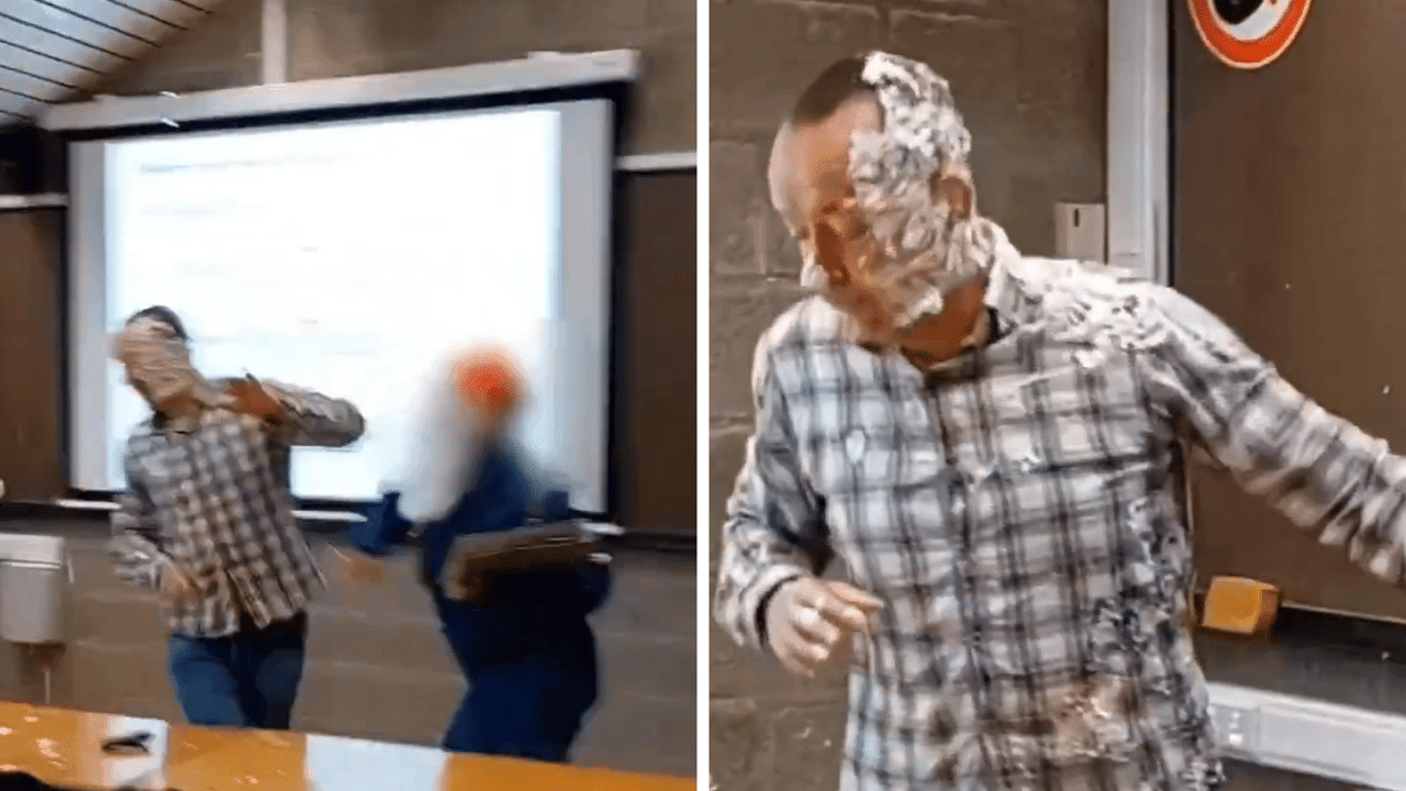 Gemaskerde activisten vallen binnen in les en gooien taarten naar Luikse prof: "Ontoelaatbaar binnen onze muren"