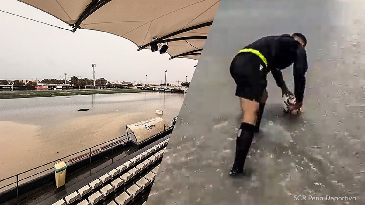 Plots dreef de bal weg: zondvloed zorgt voor apocalyptische toestanden op Ibiza, ploeg gaat viraal met beelden van veld