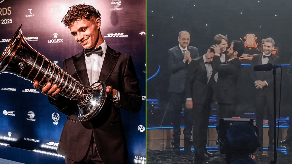 Een vreemd tafereel: FIA-president Ben Sulayem wrijft tijdens trofeeoverhandiging in haren van Lando Norris