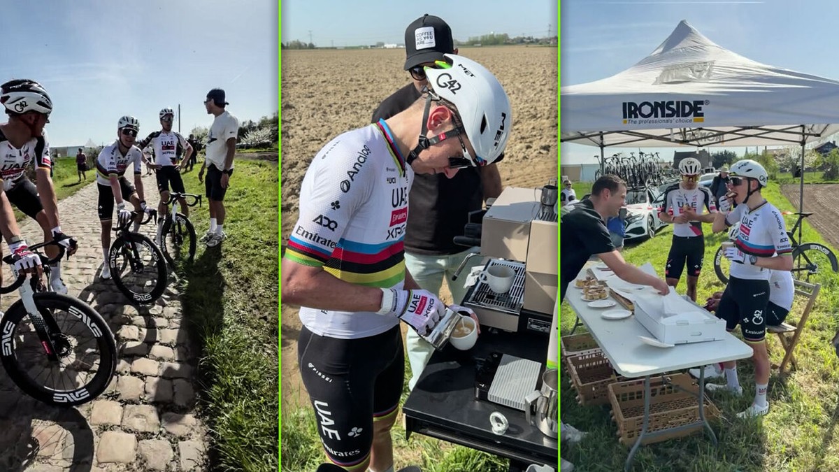 Latte art en gebak voor Tadej Pogacar: wereldkampioen onderbreekt verkenning voor koffiestop bij onze man in Roubaix