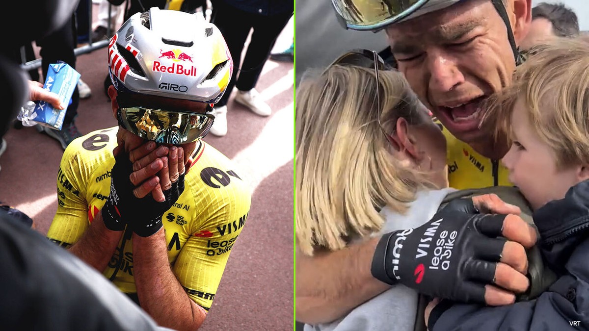 Beelden die iedereen raken: huilende Wout van Aert valt gezin in armen, dat "moeilijke momenten nu kan vergeten"