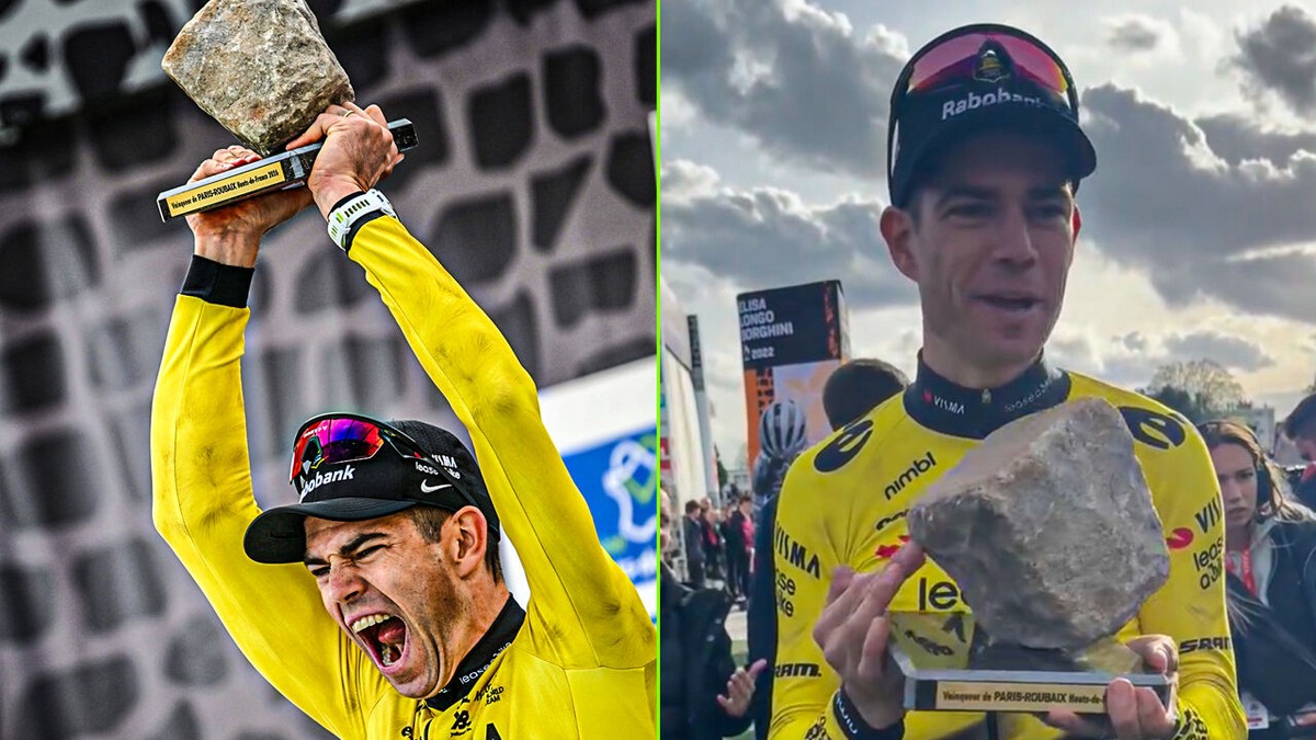 "Dat weegt nogal iets": Wout van Aert straalt met zijn kassei op het podium én erna