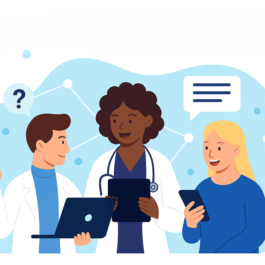 Tekening van 3 medische onderzoekers